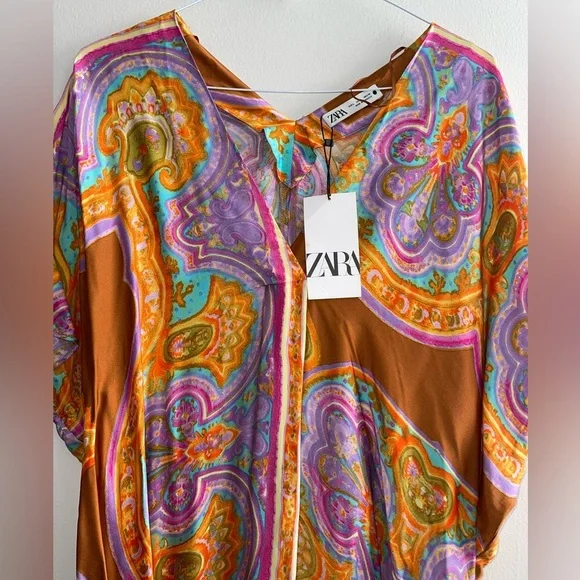 Zara Printed Boho  V-Neck Kaftan Tunic Pull Over Dress - Picture 2 of 6